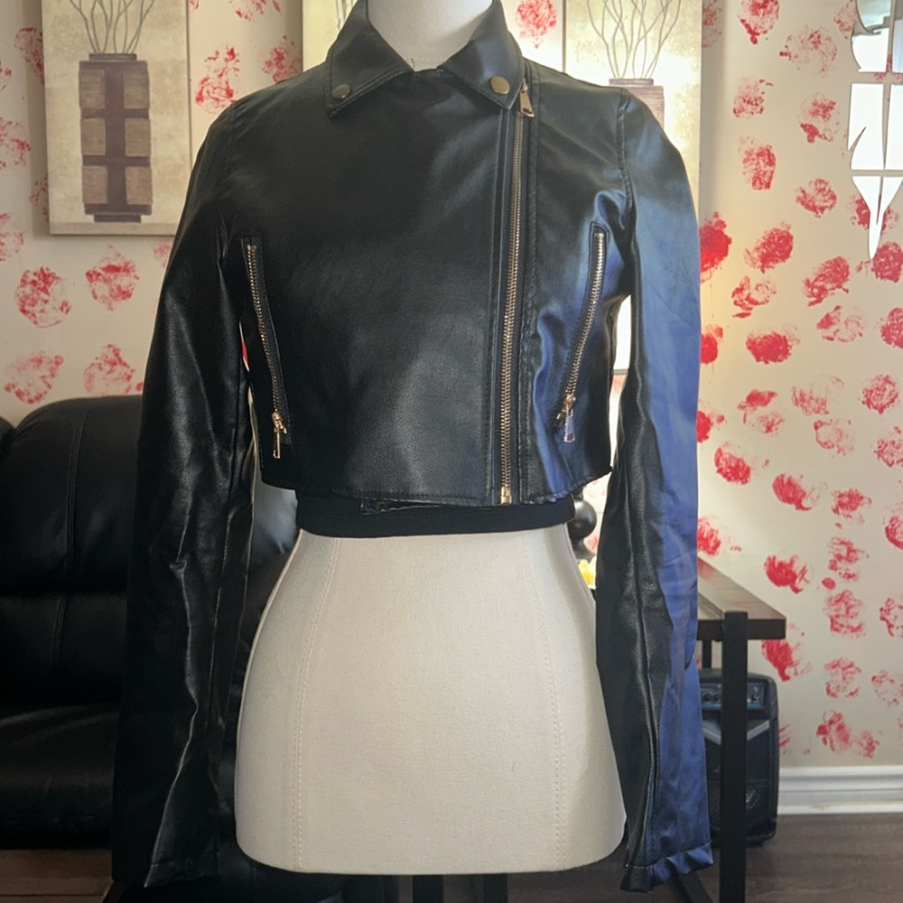 Zip Up Lapel Collar Crop PU Moto Jacket